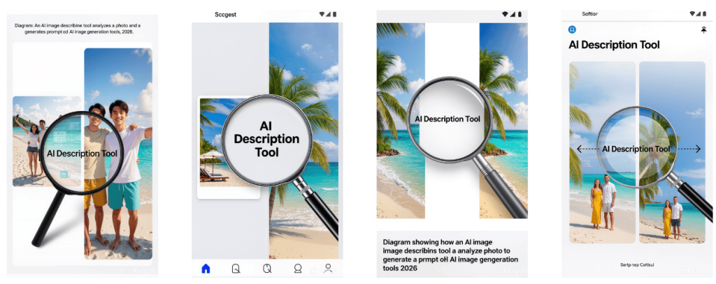 Diagram showing how an ai image description tool analyzes a photo to generate a prompt for ai image generation tools 2026