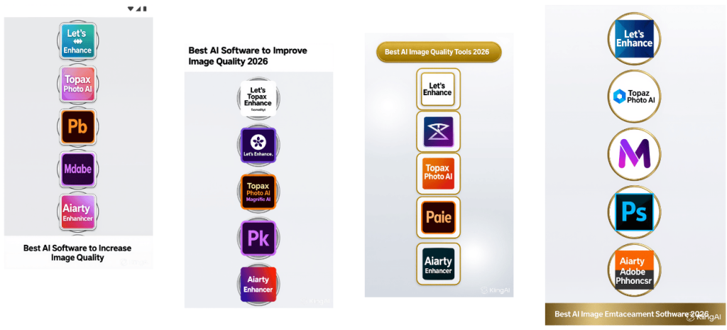 Logos of the best AI software to increase image quality including Topaz, Let's Enhance, and Adobe Photoshop for 2026 users.