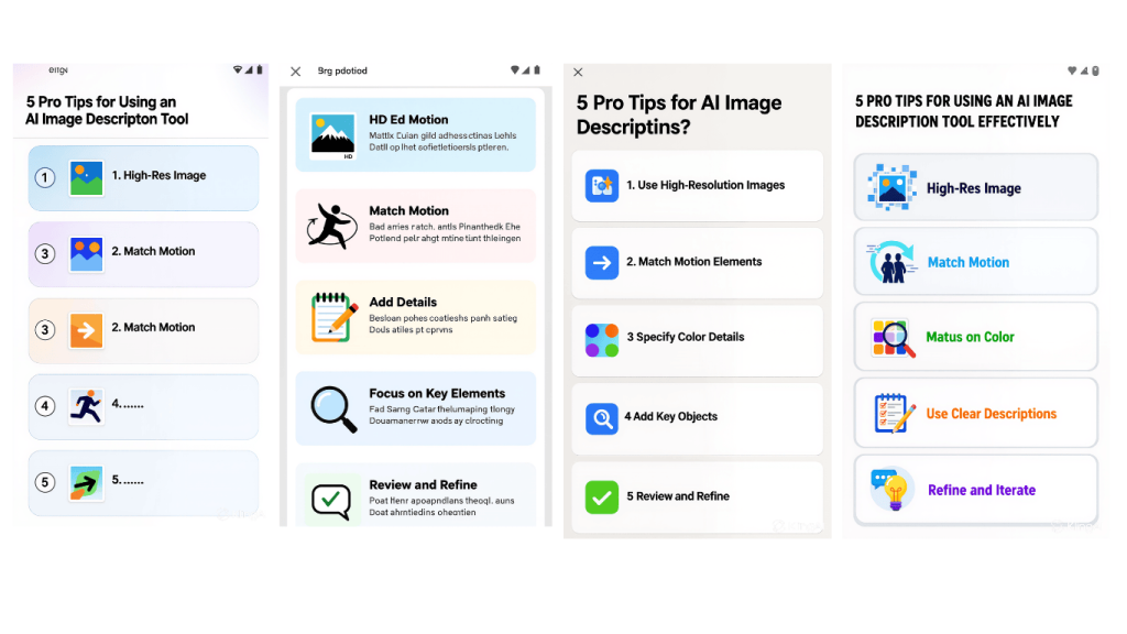 infographic with 5 tips for using an ai image description tool effectively. 
